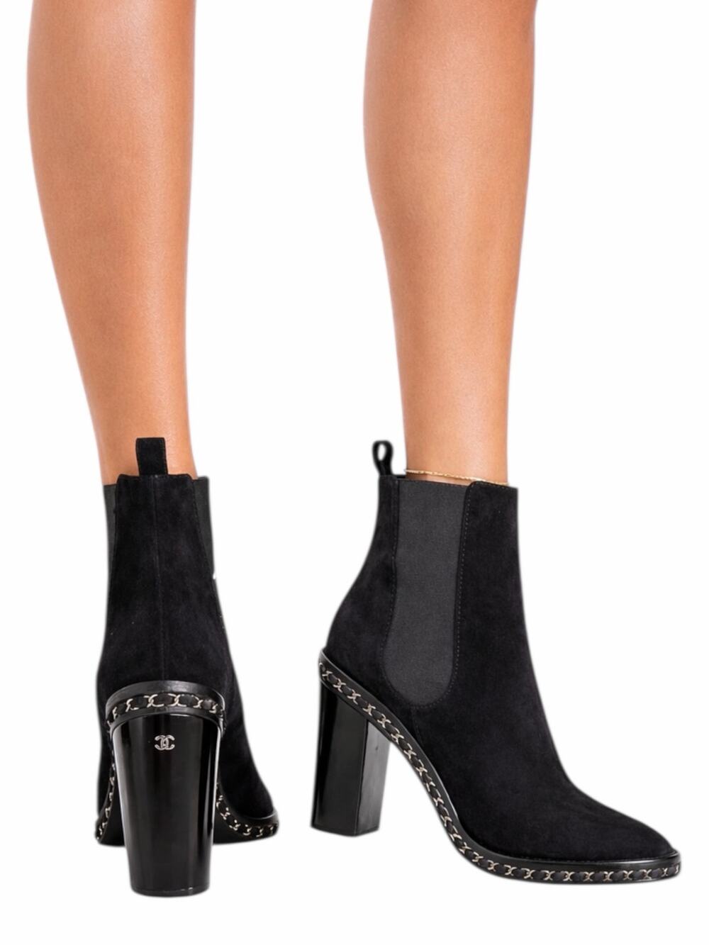 Chanel Interlocking CC Logo Heel Chain Suede Ankle Boots Black Size 40